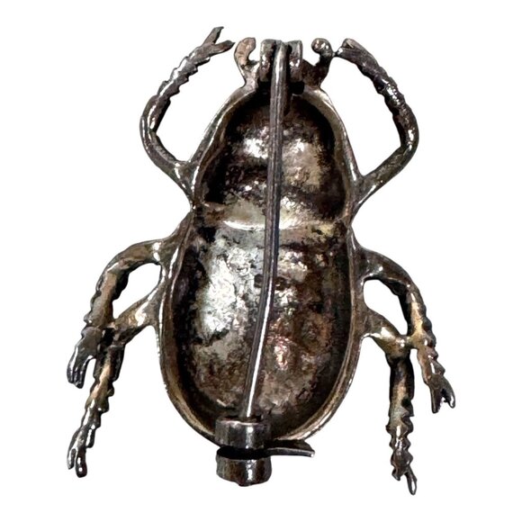Vtg Sterling Silver Scarab Beetle Brooch Ruby Red Crystal Eyes Egyptian Art Deco - Picture 2 of 6